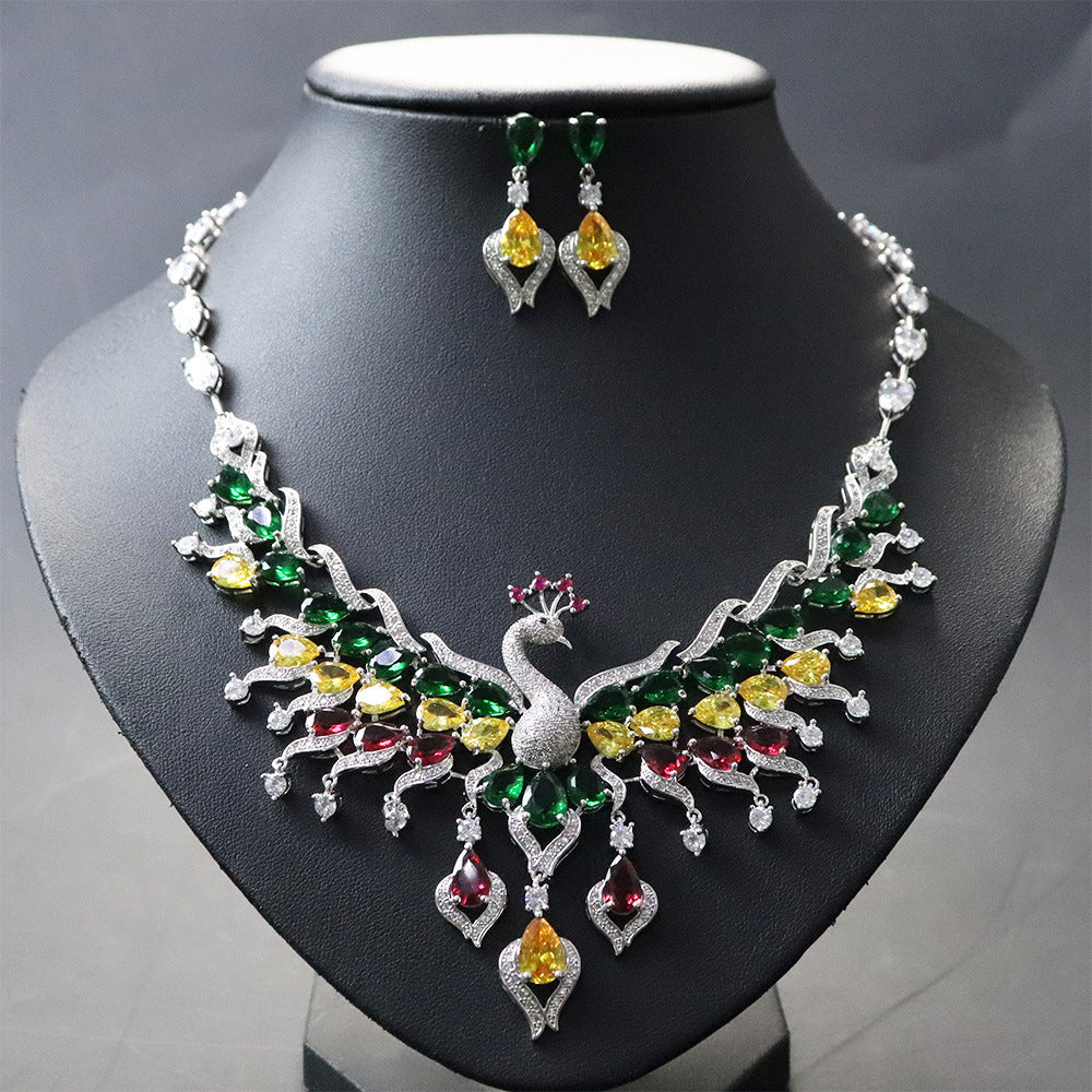 Ethnic Style Zircon Peacock Tassel Necklace & Earring Set