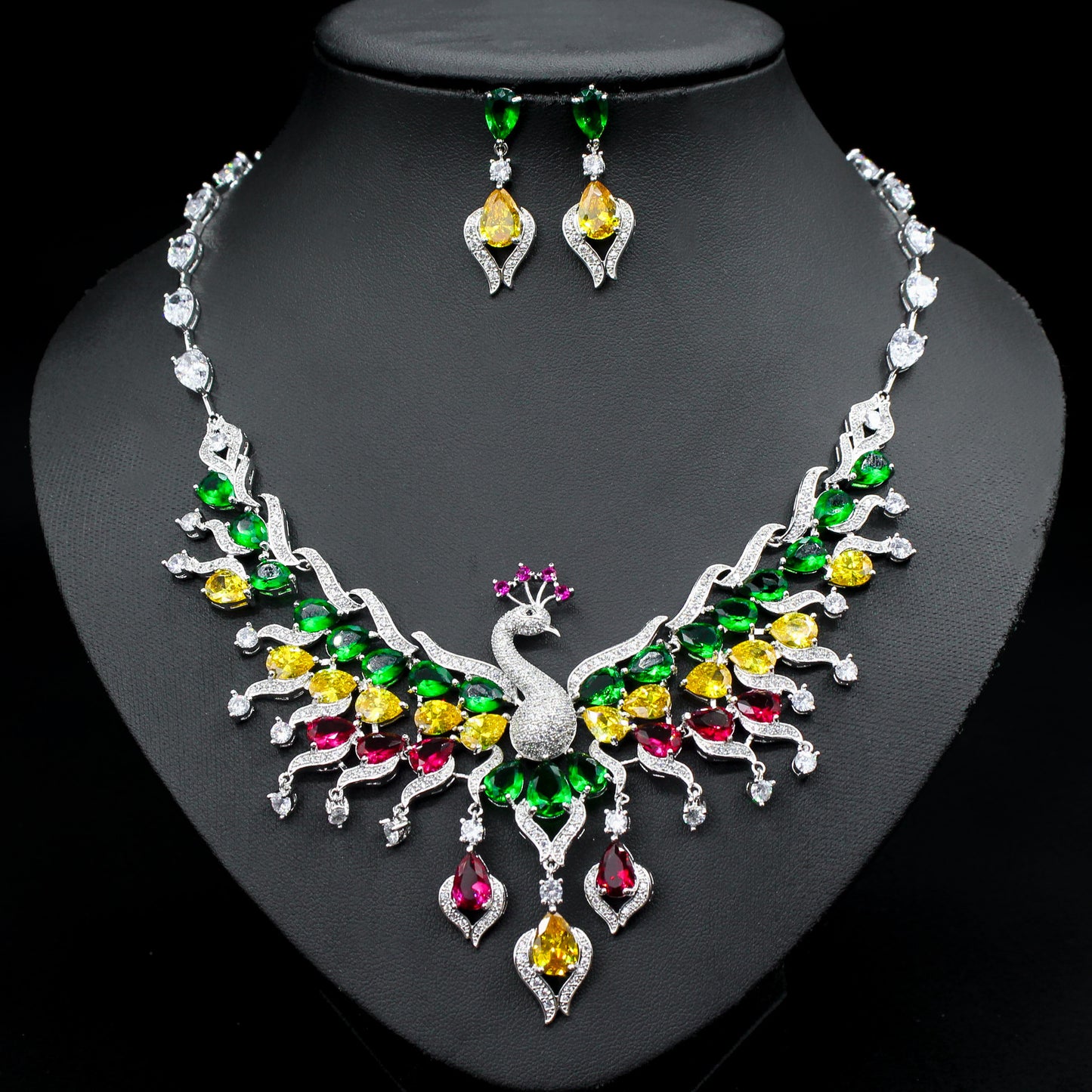 Ethnic Style Zircon Peacock Tassel Necklace & Earring Set