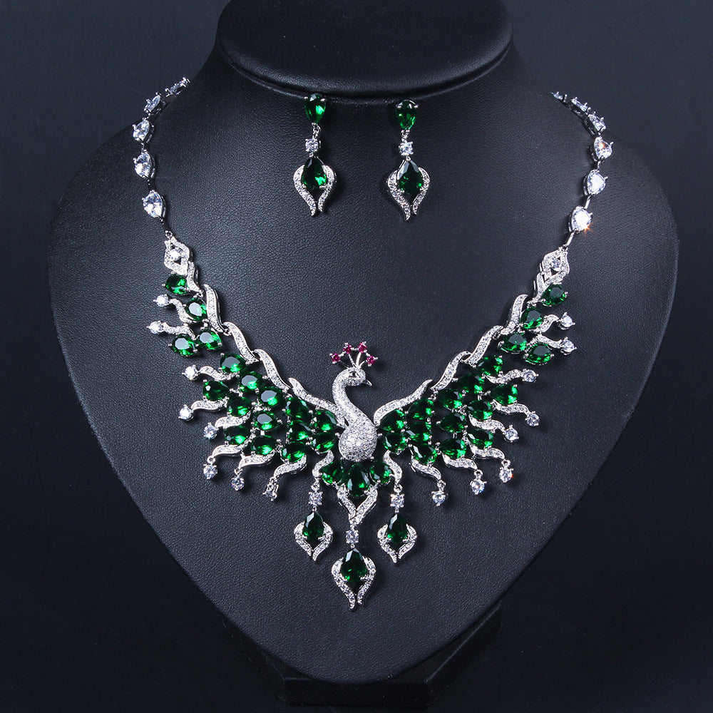 Ethnic Style Zircon Peacock Tassel Necklace & Earring Set